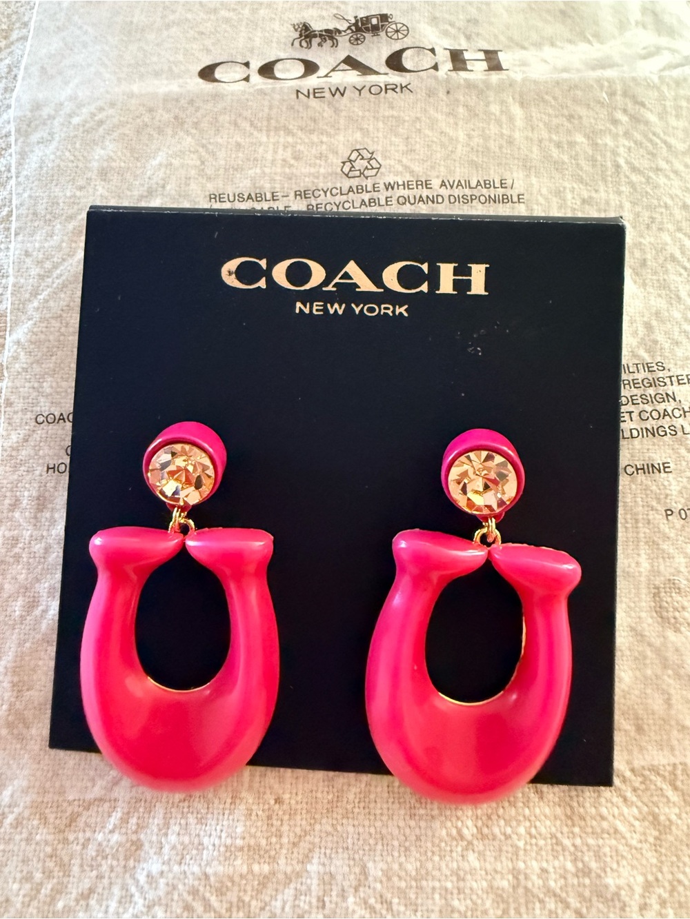 Coach hot PINK Resin Horseshoe
Drop Earrings with Crystal Posts